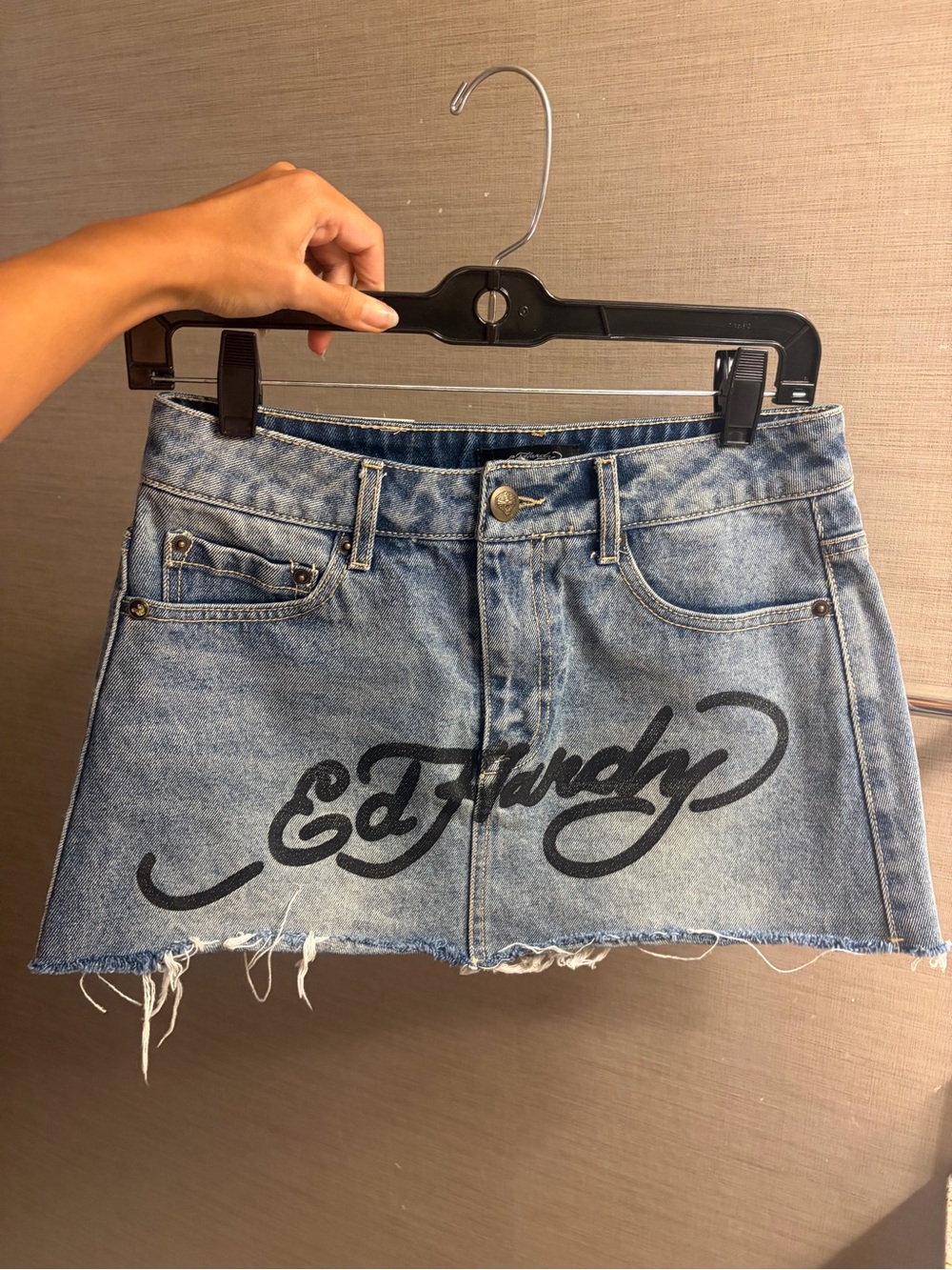 Ed Hardy Light Blue Denim Mini Skirt with Black Logo